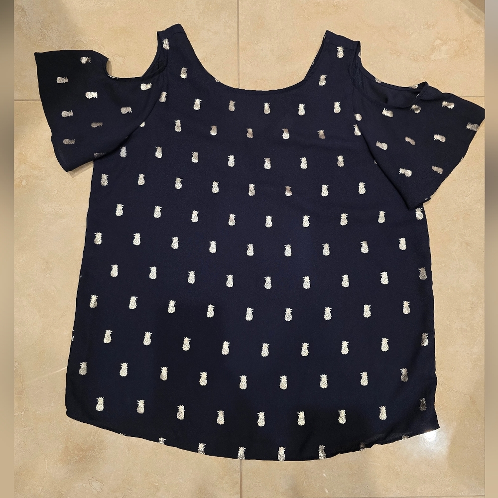 Women's pineapple blouse with cold shoulder, Navy/Silver, Size Medium